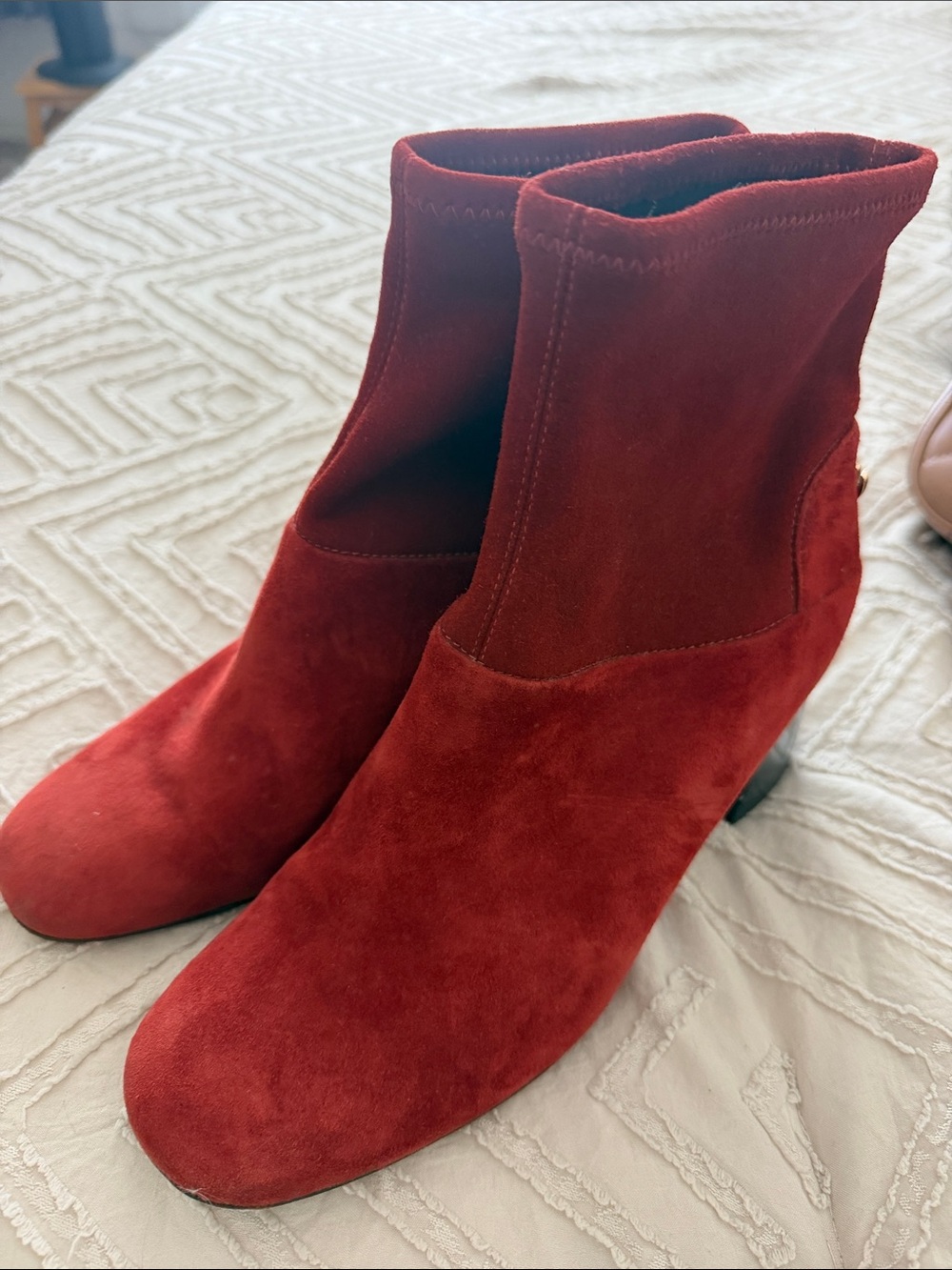 Women's Red Suede Ankle sock Booties with Block Heel woman’s size 7.5